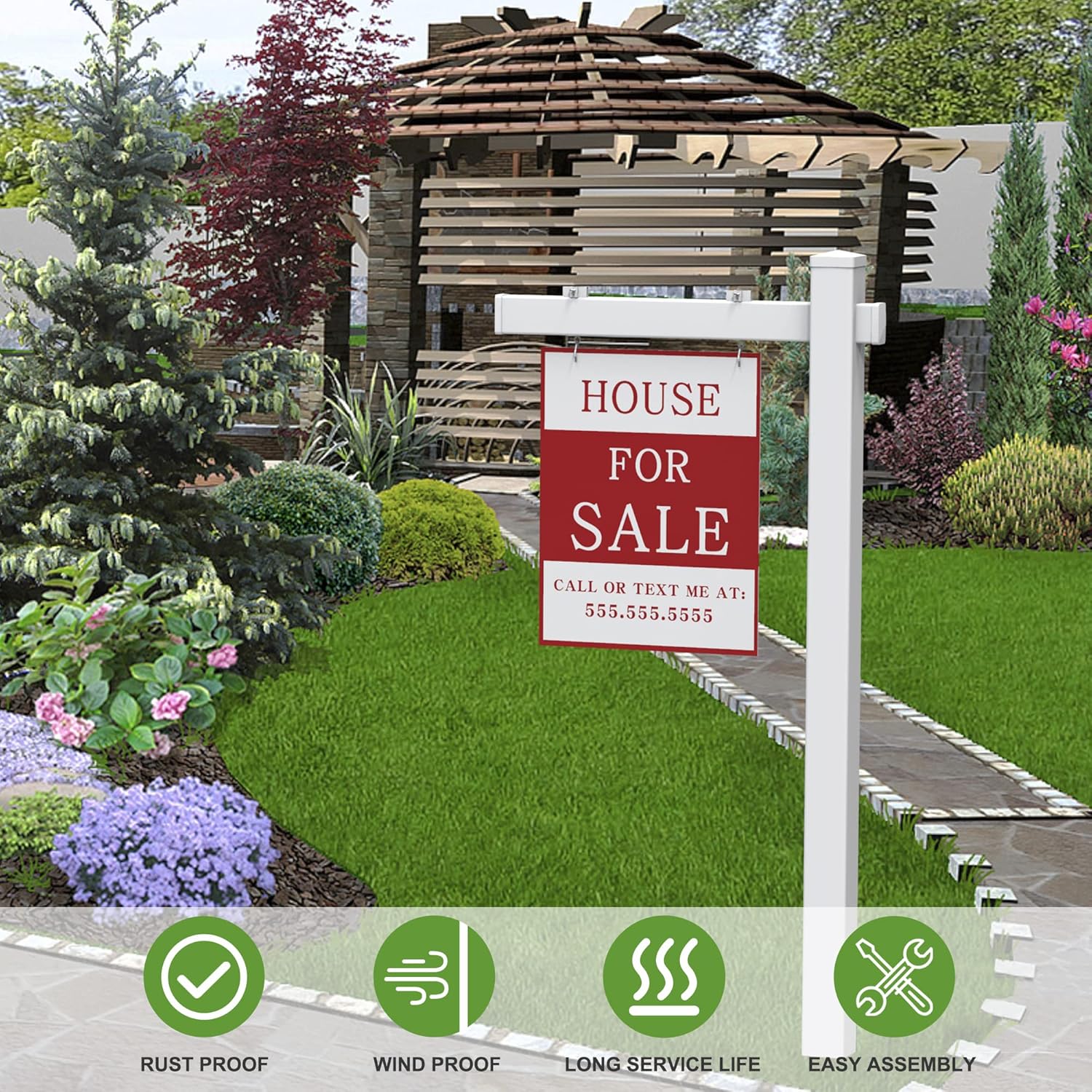 Qikdesign Vinyl PVC Real Estate Sign Post with Flat Cap 6' Tall - Realtor Yard Sign Post - 36 Arm Holds Up to 24 Sign- White (No Sign)