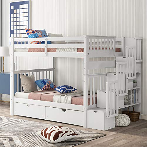 Ball & Cast Twin-Over-Twin Bunk Bed with Twin-Size Trundle and 3 Storage Stairs,Wood Bunkbed w/Full-Length Guardrails,Slat Support