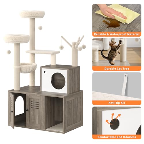 Litter Box Enclosure with Cat Tree Tower and Condo,Hidden Pet Washroom Furniture with Sisal Scratching Post,Hammocks,Condo,Multiple Platform