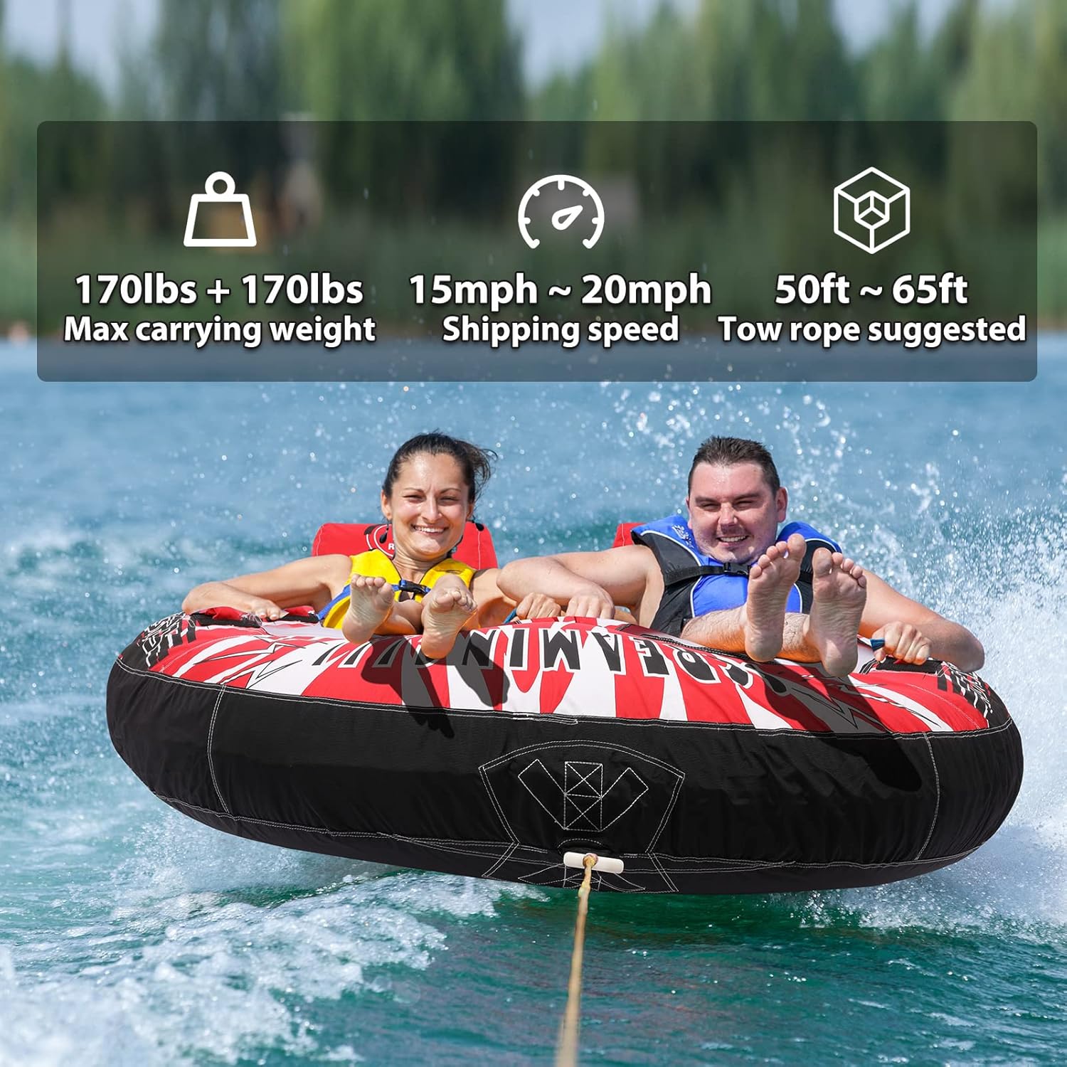 ZOOMBROS Towable Tubes for Boating 2 Person, Water Tubes for Boats to Pull, Safety Inflatable Boat Tubes and Towables