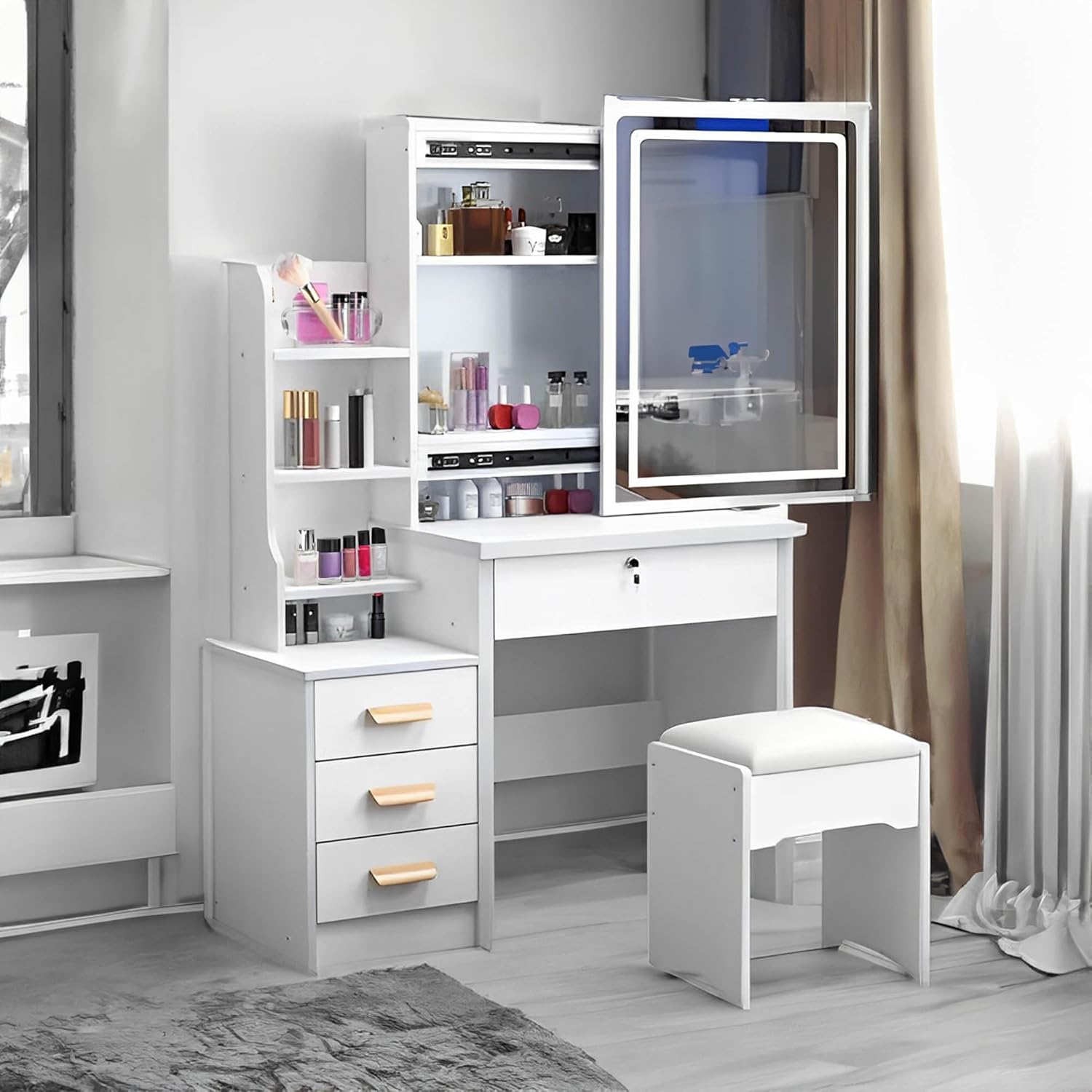 Vanity Desk with Mirror and Lights, Makeup Desk with Drawers and Shelves,3 Color Lighting Brightness Adjustable