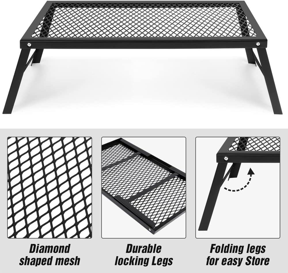 Folding Campfire Grill Heavy Duty Steel Grate with Legs Portable Over Fire Camp Grill for Outdoor Cooking Grill Traveling Picnic, Black