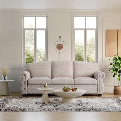 90 Inch Nailhead Trim Couch for Living Room, 23 Inch Deep Seat Rolled Arm Sofa, Comfy Upholstered 3 Seater Chenille Couch w/Wooden Leg