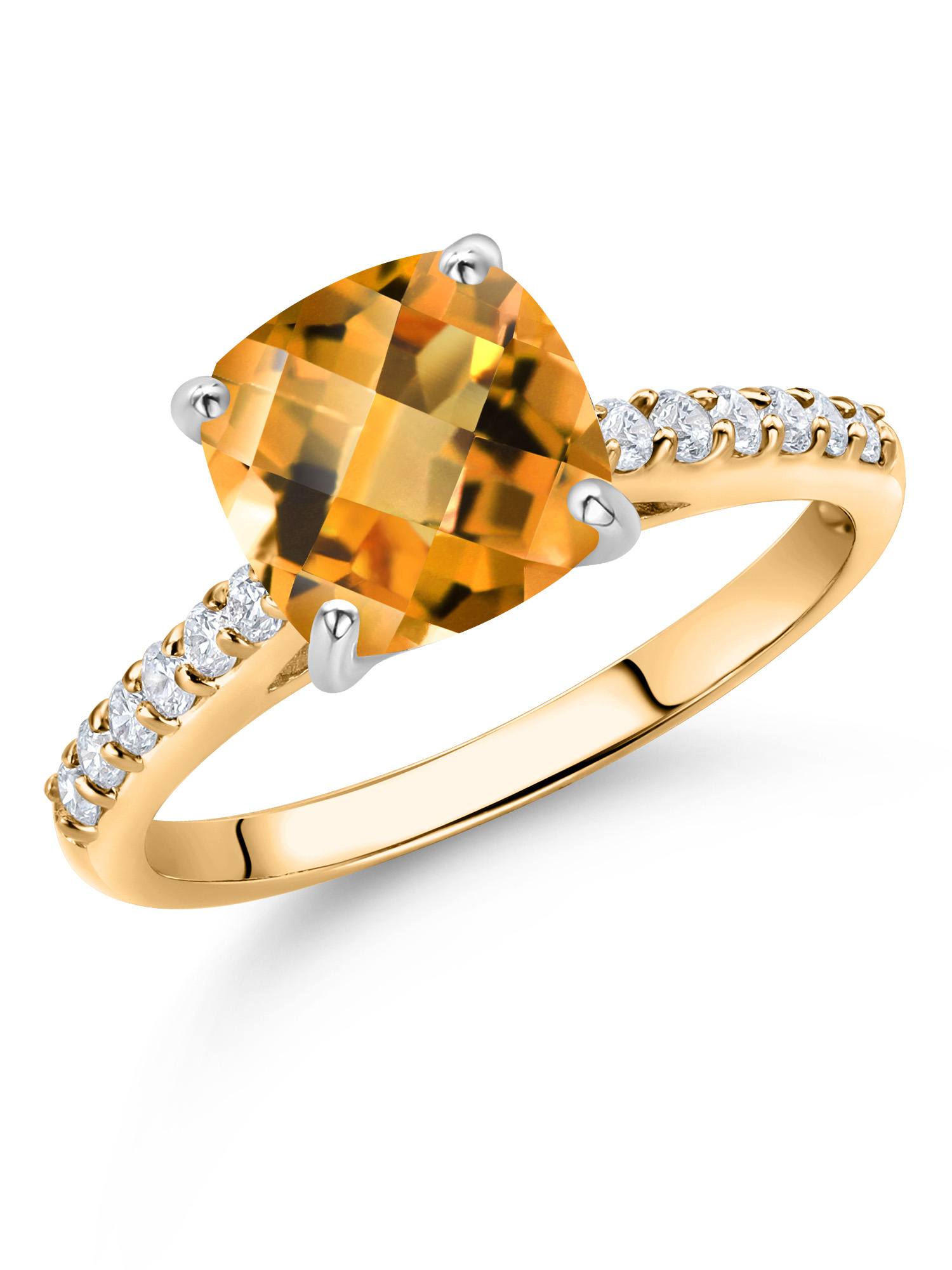 10K Yellow Gold 8MM Cushion Checkerboard Cut Yellow Citrine and White Lab Grown Diamond Engagement Ring For Women (2.18 Cttw
