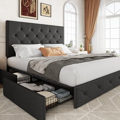 Allewie Upholstered Queen Size Platform Bed Frame with 4 Storage Drawers and Headboard, Square Stitched Button Tufted