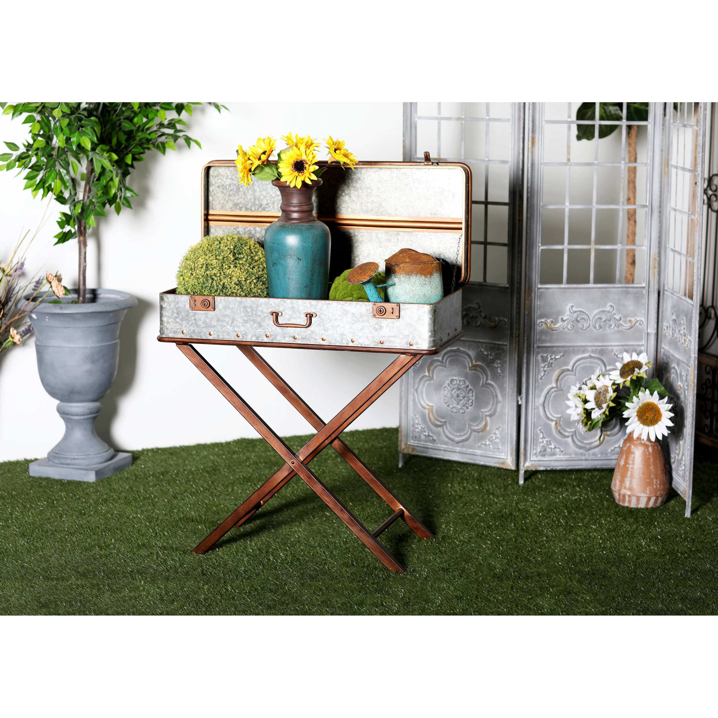 DecMode 32" x 32" Gray Metal Accent Table with Suitcase Style Top, 1-Piece