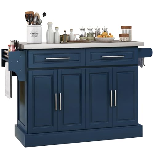 HOMCOM Rolling Kitchen Island Cart with Wheels, Portable Island Table for Kitchen with Stainless Steel Top, Adjustable Shelves, 2 Drawers, Spice