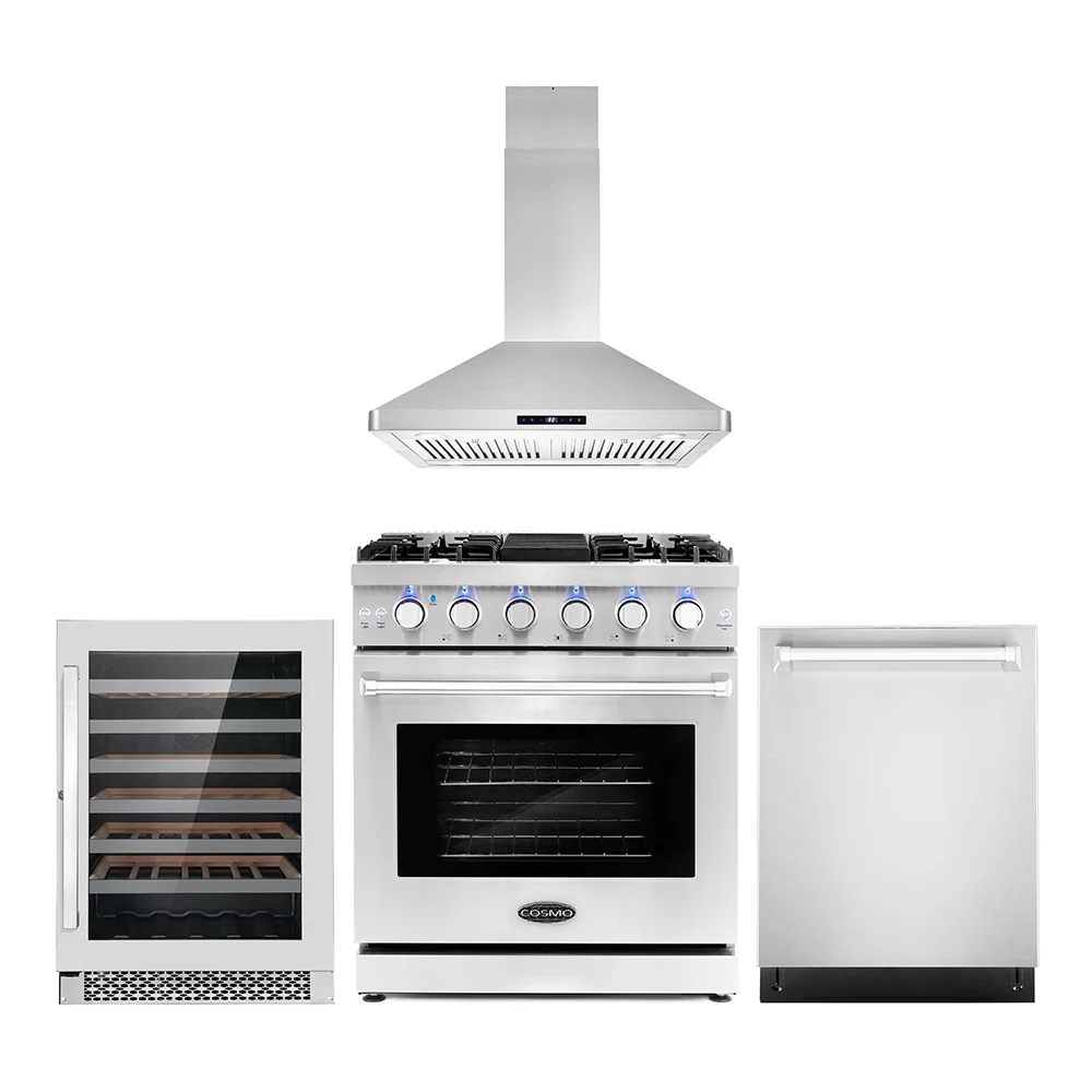Cosmo 4 Piece Kitchen Appliance Packages with 30" Freestanding Gas Range 30" Island Mount Range Hood 24" Built-in Dishwasher & 48 Bottle Freestanding