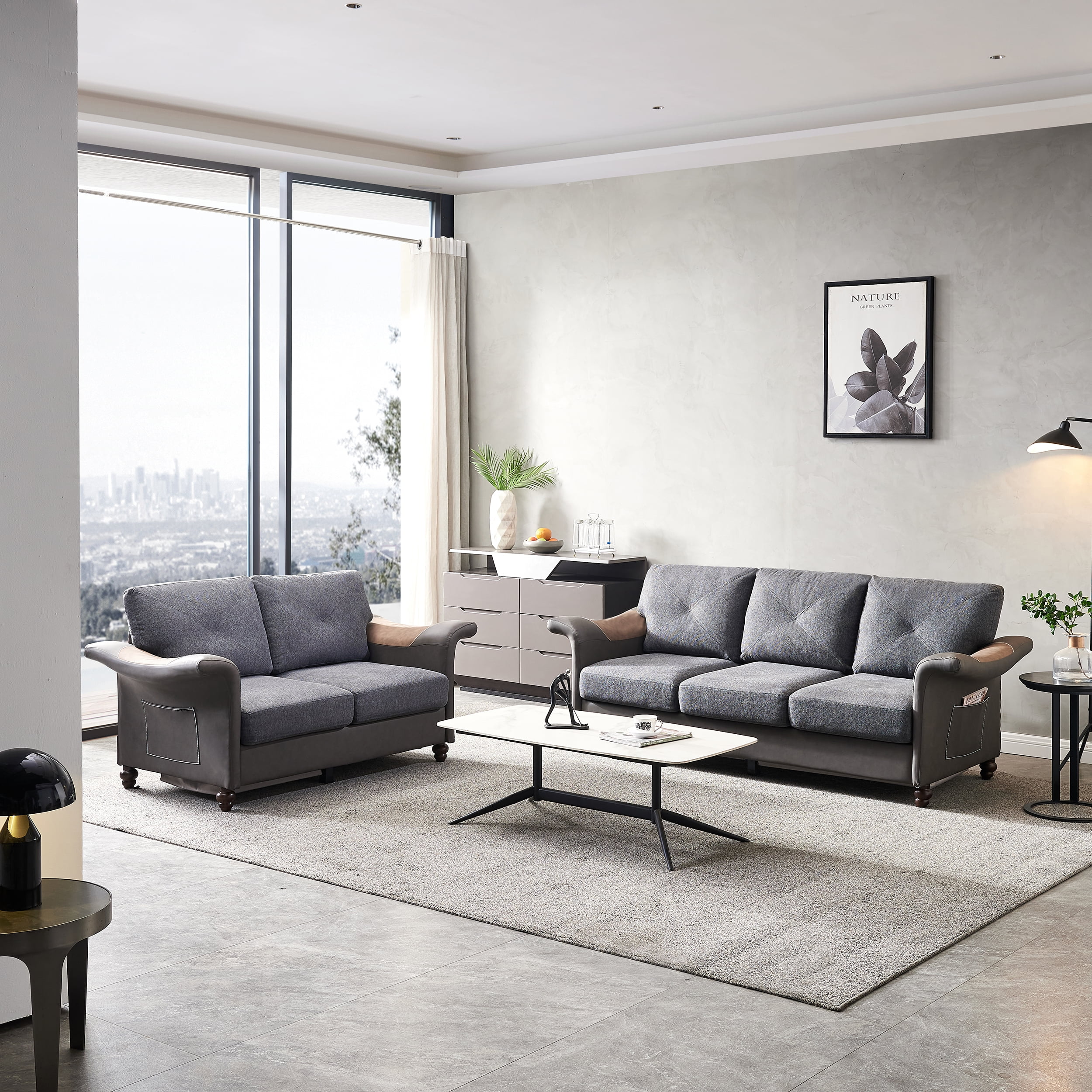 CoSoTower Living Room Furniture Linen Fabric Faux Leather with Wood Leg 2+3 Sectional (Dark Grey)