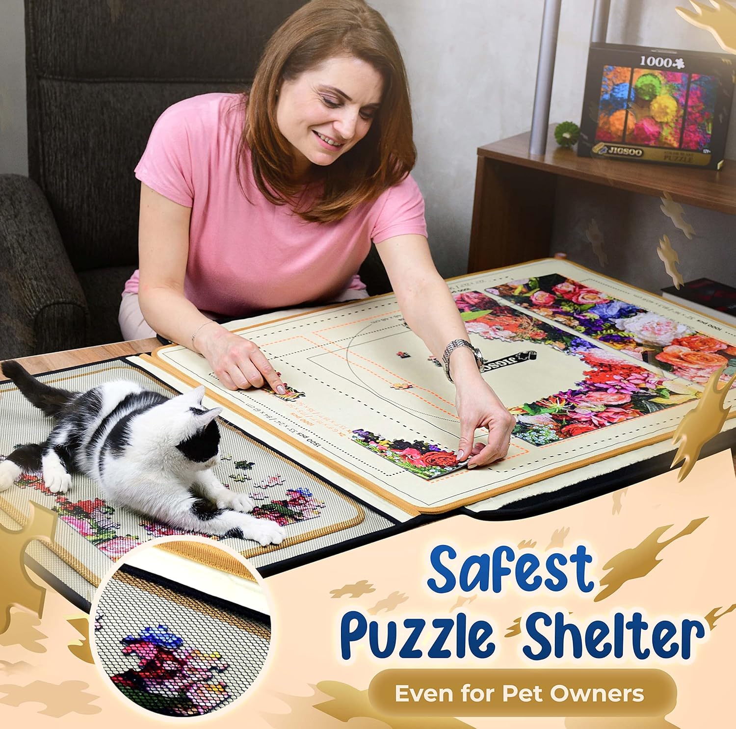 Jigsoo Portable Jigsaw Puzzle Case - 1500 Pieces Jigsaw Organizer Puzzle Storage with Central Board and 2 Sorting Trays