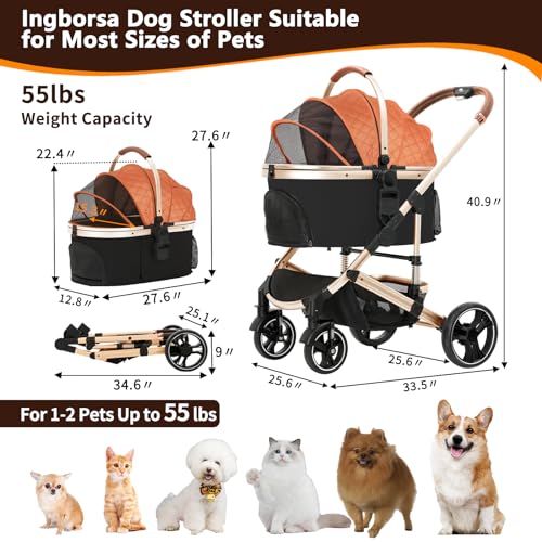 Pet Stroller 3 in 1 Folding Lightweight Dog Stroller with Detachable Carrier & Storage Basket, Premium 4 Wheels Travel for Puppies, Doggies
