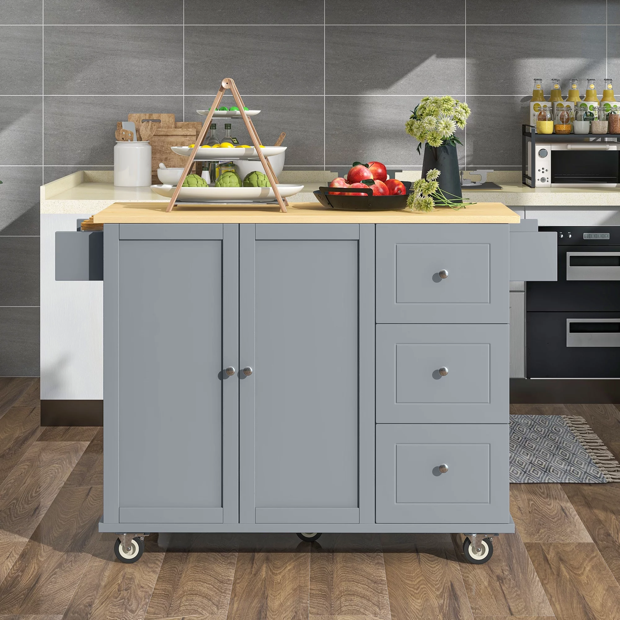 ikayaa Rolling Mobile Kitchen Island with Solid Wood and Locking Wheels，52.7 Inch Width，Storage Cabinet and Drop Breakfast Bar，Spice Rack