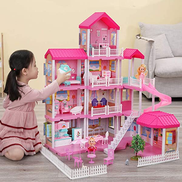 Dollhouse with Dollhouse Furniture and Dolls Dream Doll House for Little Girls 5 Year Olds 1:12 Scale for Kids Pretend Play Doll House Toy Playset