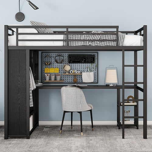 Queen Heavy Duty Metal Loft Bed with L-Shaped Desk, Wardrobe & 5 Storage Shelves – Space-Saving Design for Kids, Teens, Adults – CPC Certified