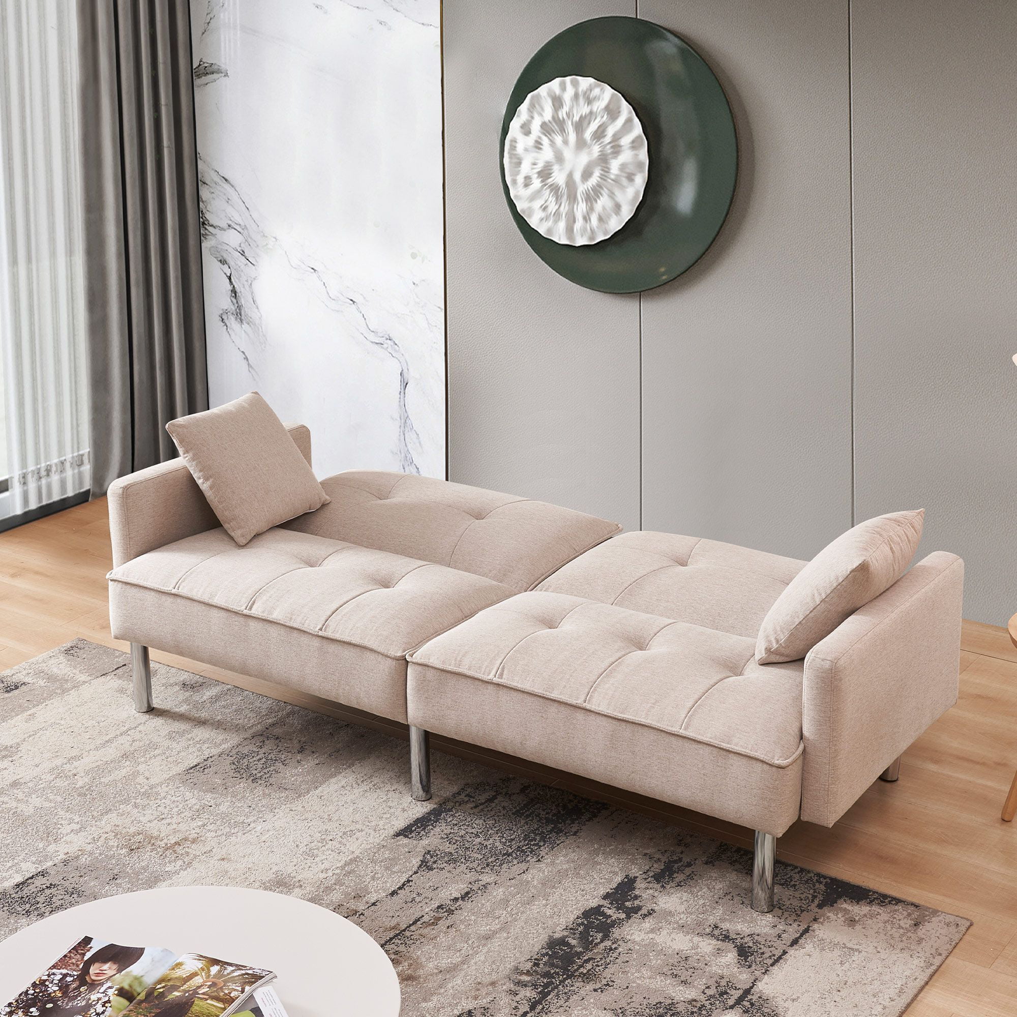 Moootto  84.6 in. Extra Long Modern Tufted Beige Fabric Futon Adjustable Sofa Bed & Folding Daybed Guest Bed, Upholstered Modern Convertible Sofa