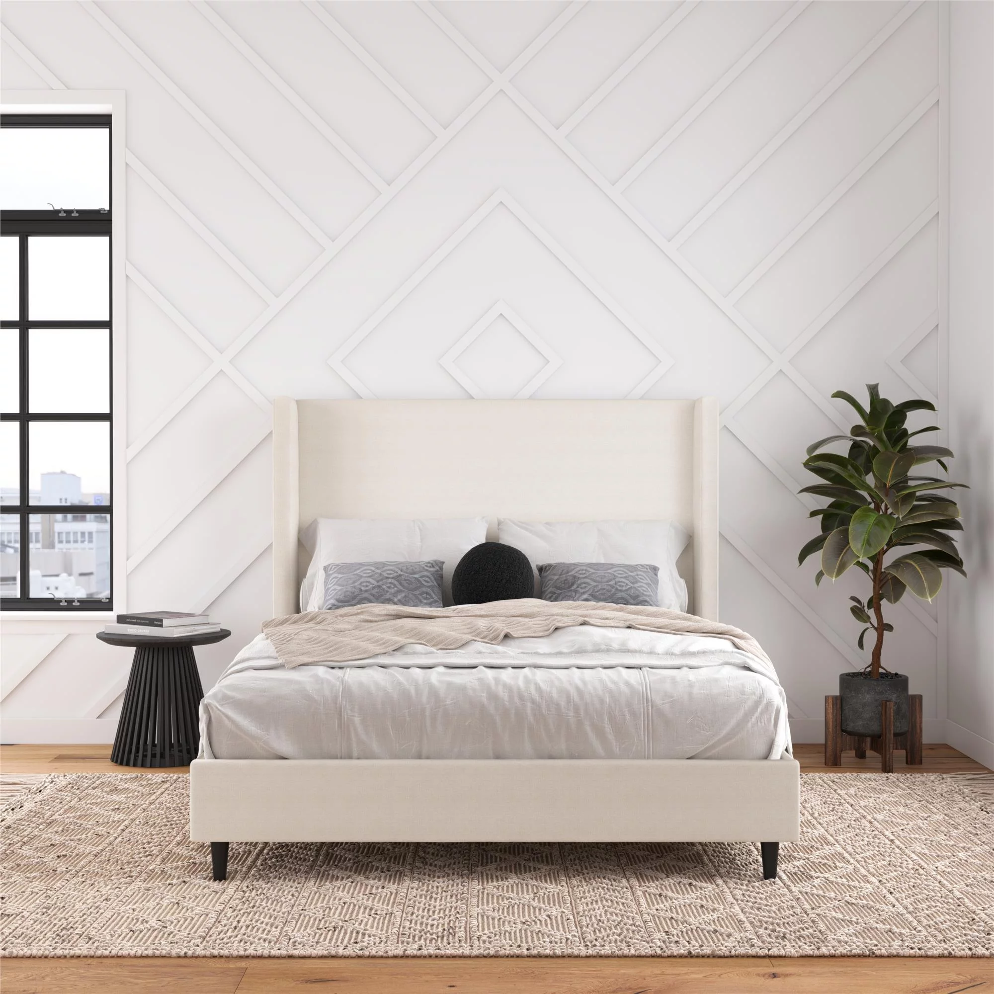 DHP Eveline Upholstered Platform Bed Frame with High Wingback Headboard, Queen, Textured Ivory Canvas