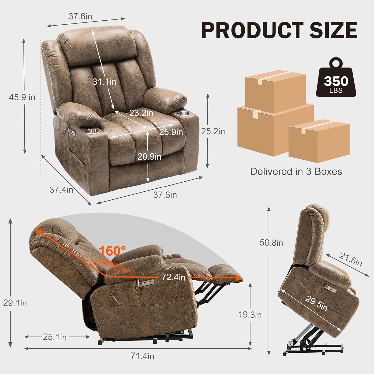 Extra Large Power Lift Chairs Recliners for Elderly with Heated and Massage, Overstuffed Lift Chairs, Breathable Leather, USB-A and USB-C, Cup Holder