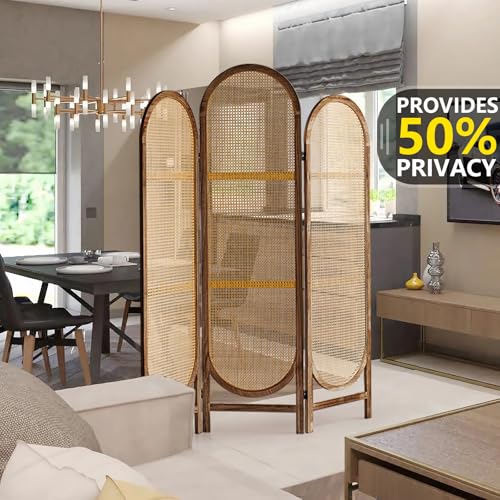 5.9 Ft Tall Hand-Woven Rattan Room Divider 3 Panels, Wood Room Divider Panel, Folding Screen Divider Wall, Wall Divider for Room Separation