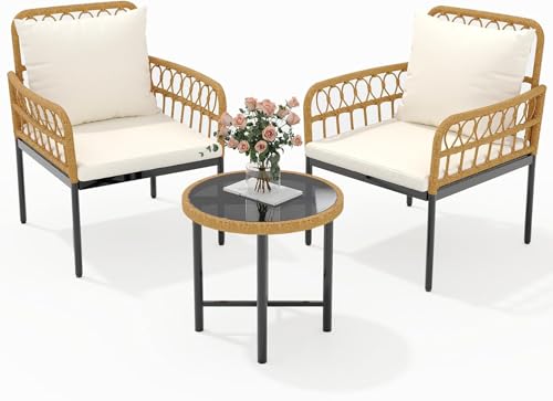 3 Piece Patio Bistro Set, Outdoor Wicker Table and Chairs Set of 2