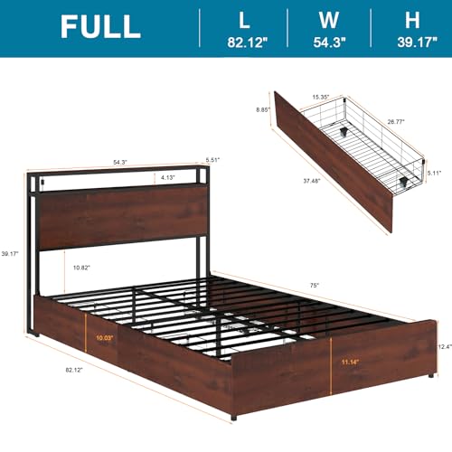 Queen Size Bed Frame with 4 Storage Drawers, LED Platform Bed with Headboard, Built in Charging Station, Noise Free, Stable and Solid