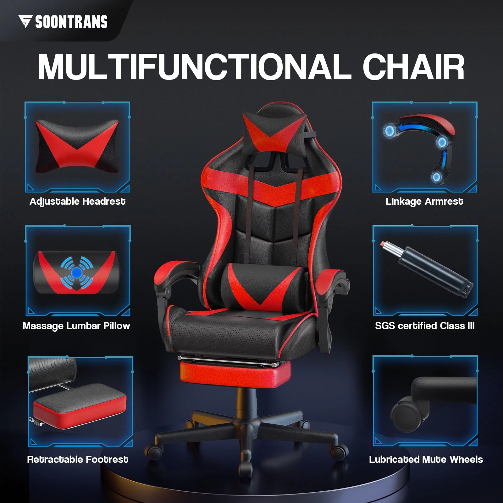 Soontrans Gaming Office Chair with Footrest, Ergonomic Leather Massage Game Chair with Lumbar Support & Headrest, Red