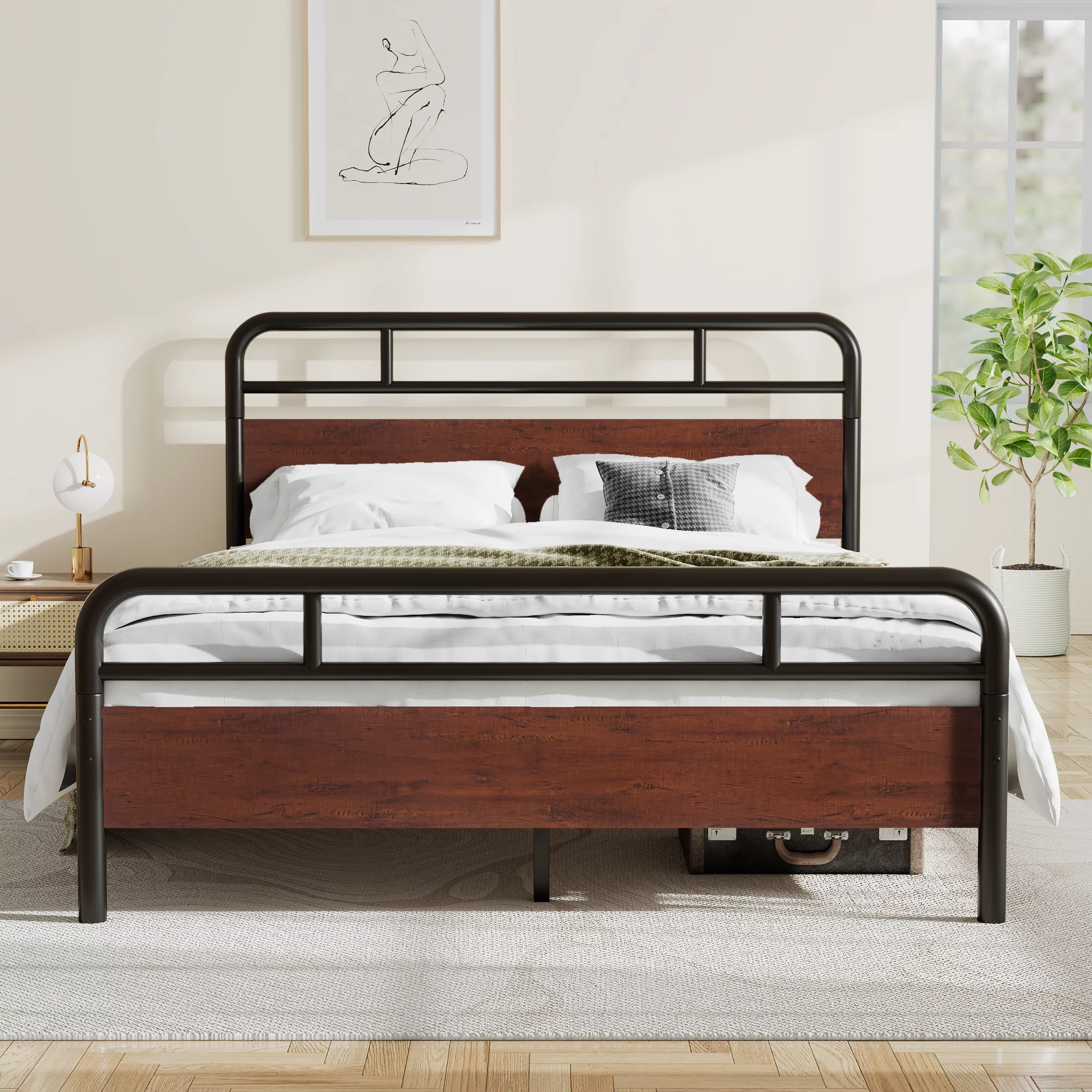 Sha Cerlin Dark Brown Queen Size Metal Platform Bed Frame with Industrial Heavy Duty Wooden Headboard