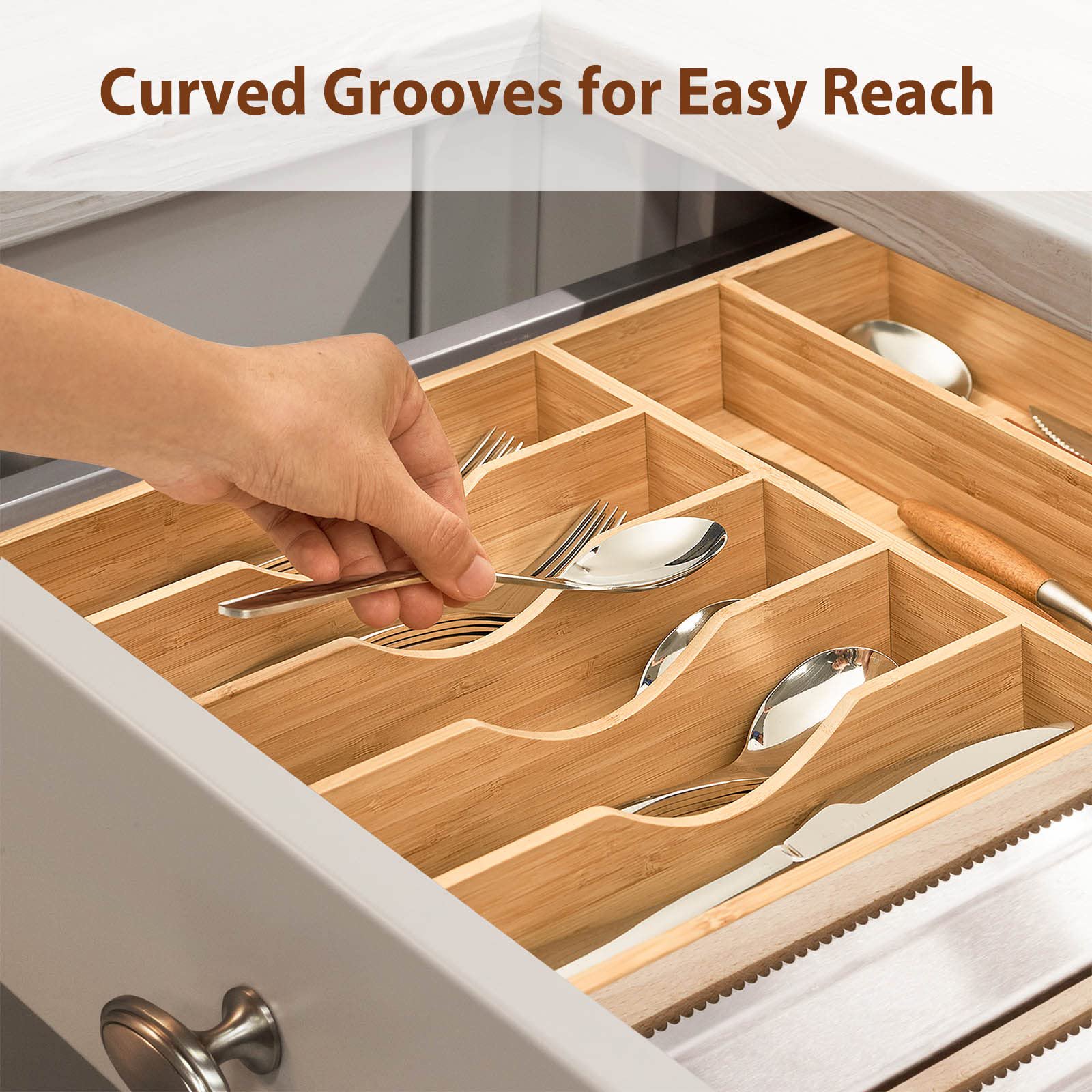 13 Inch Bamboo Kitchen Organizer, 7-Slot Utensil Tray for Drawers, Extra Deep Divider for Forks Spoons Knives and Cooking Tools, Natural Wood Design