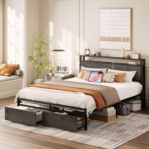 LIKIMIO King Bed Frame with Storage Headboard, Platform Bed with Drawers and Charging Station, No Box Spring Needed, Easy Assembly, Vintage Brown