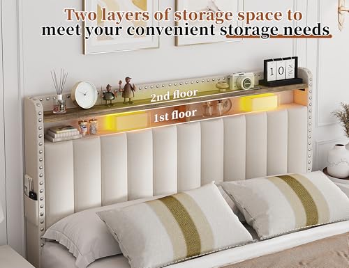 EnHomee Queen Bed Frame with 3 Storage Drawers, Upholstered Bed Frame Queen Size with 2-Tier Storage Headboard, Wooden Slats, No Box Spring Needed