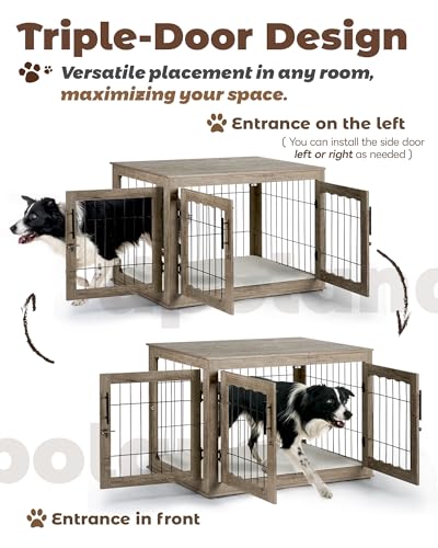Dog Crate Furniture, 32 inch Medium Dog Crates with Bed Mat, Wooden Dog Kennel Furniture, End Side Table Dog Cage with 3 Doors, Greige