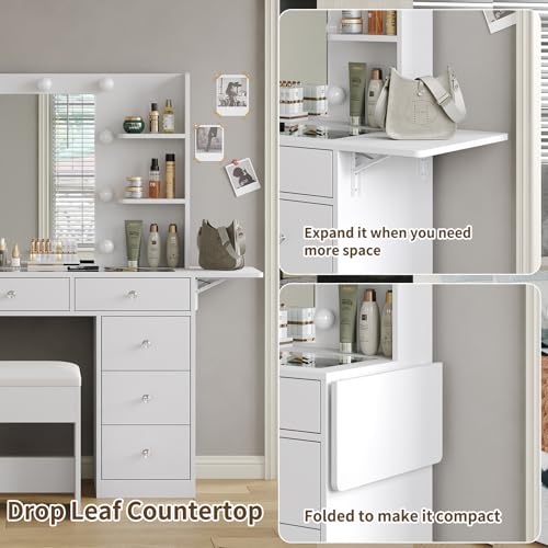 Vanity Desk & Power Outlet, Makeup Vanity with Mirror and 10 LED Lights, 3 Lighting Modes Brightness Adjustable
