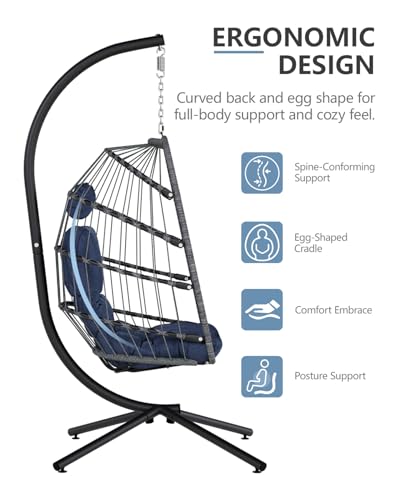 SWITTE Egg Chair Outdoor with Stand, Indoor Wicker Hanging Egg Swing Chair with Cushion, 350lbs Capacity for Patio, Bedroom, Garden - Gray
