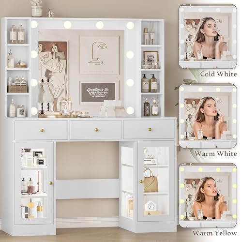 Makeup Vanity Desk with Mirror and Lights, White Vanity with Glass Top, LED Lights & Power Outlet, 3 Drawers & 2 RGB Glass Cabinets