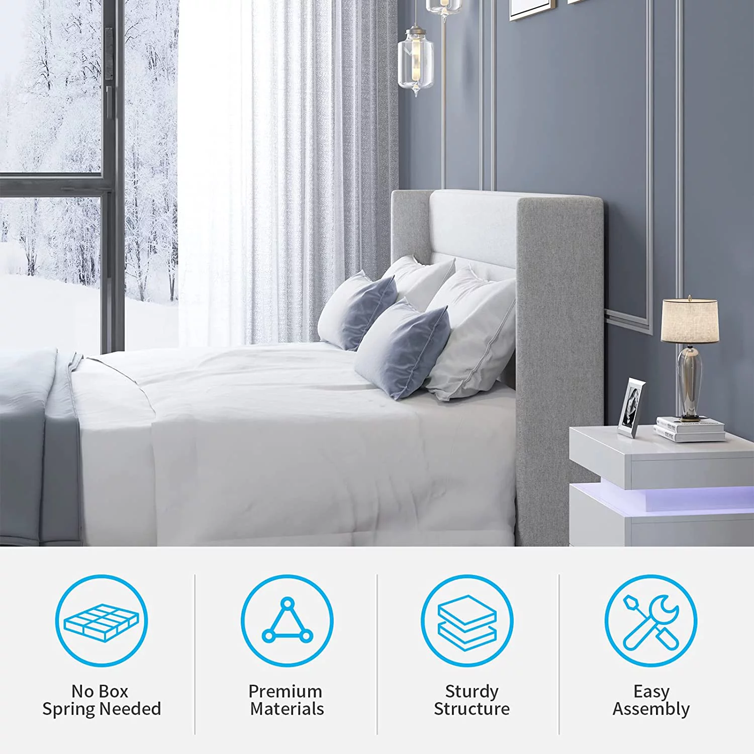 Mjkone Platform Bed Frame, Full Size Bed Frames with Headboard, Modern Bed Frame Has Wooden Slat Support