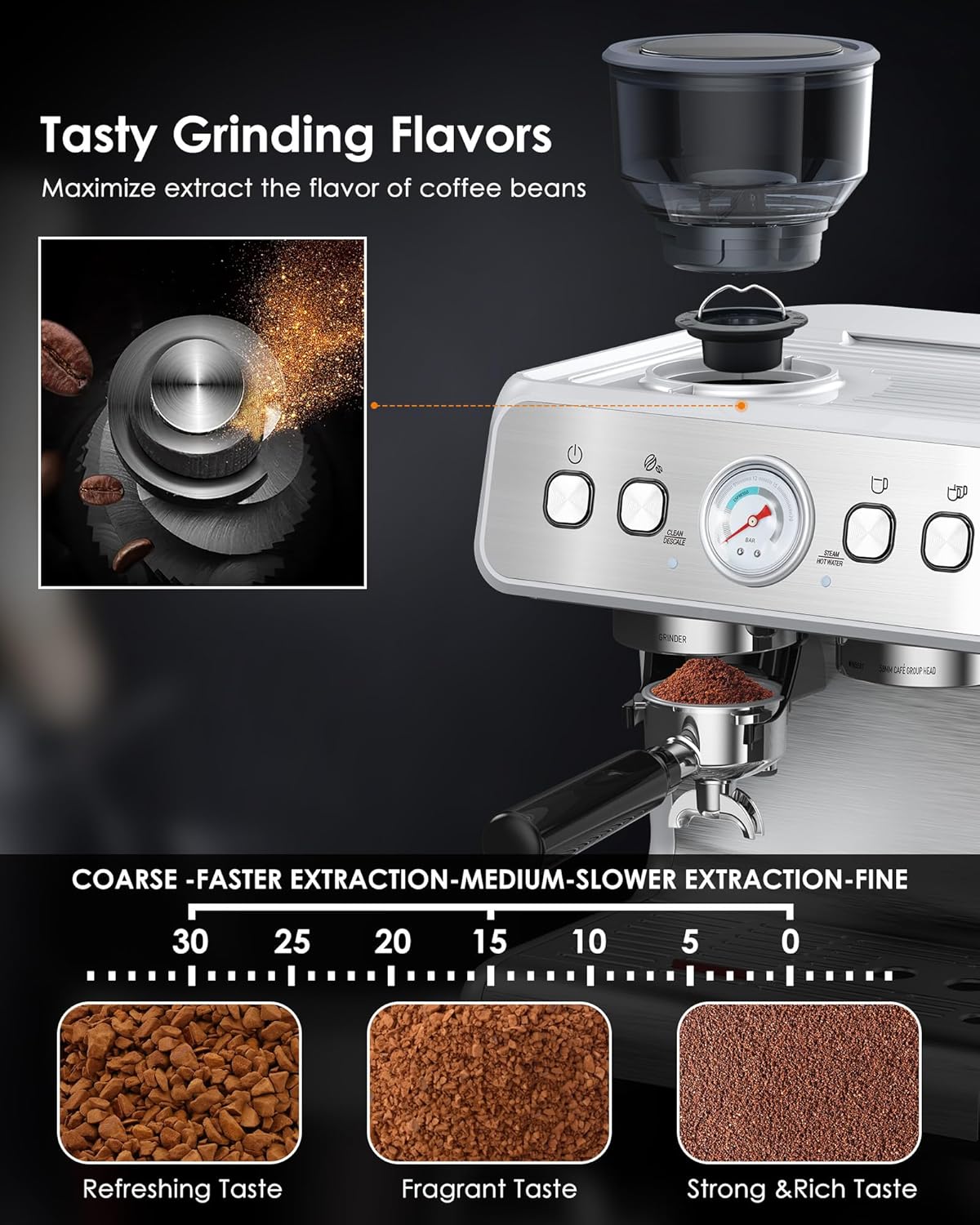 Joy Pebble Espresso Machine,15 Bar Professional Espresso Maker with Coffee Bean Grinder Milk Frother,Coffee Machine for Espresso/Cappuccino/Latte