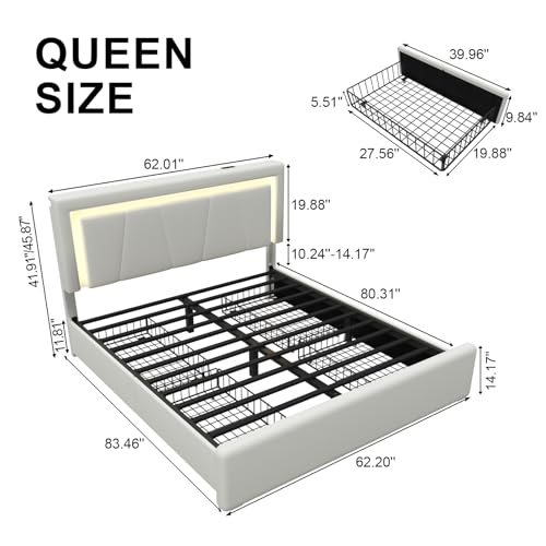 Full Size Bed Frame with 4 Storage Drawers and LED Lights, Upholstered Platform Bed with Adjustable Headboard and Charging Station