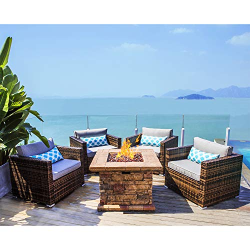 COSIEST Outdoor Propane Concrete Fire Pit Table w Imitation Stone Surface 32-inch Round Fire Table, CSA Certified, 40,000 BTU Stainless Steel Burner