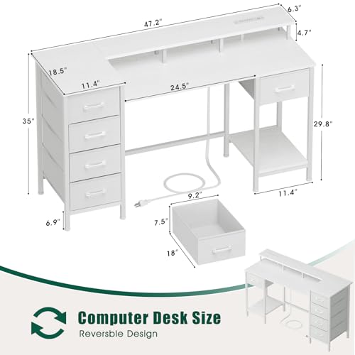 47 Inch Computer Gaming Desk with Power Outlets LED Lights Reversible Home Office with Adjustable Fabric Storage Drawers for Working Writing Study