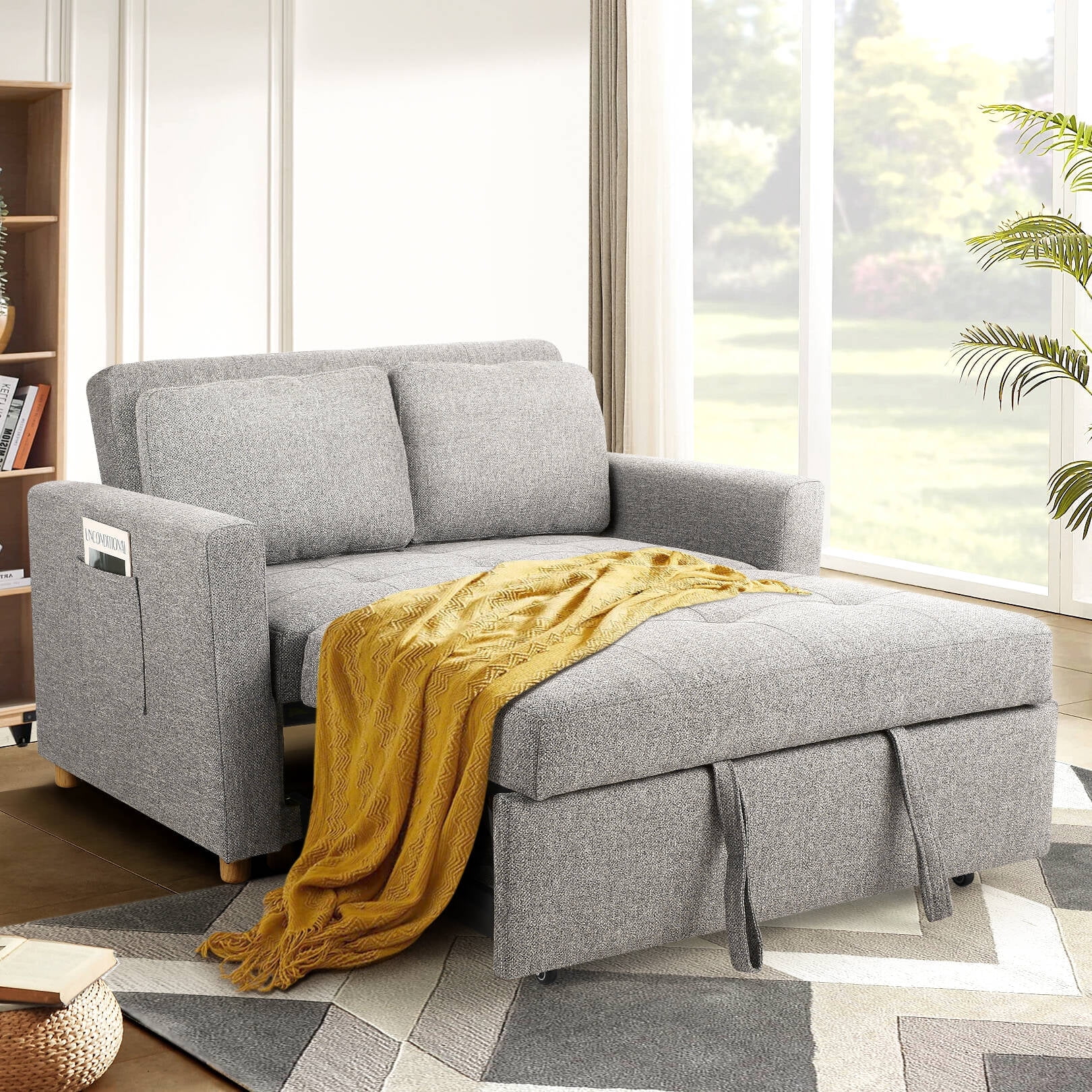 SEJOV Pull Out Sofa Bed 2 Seater Loveseats, Convertible Linen Sleeper Sofa Bed for Small Space with Adjsutable Backrest & Spring Support, Gray
