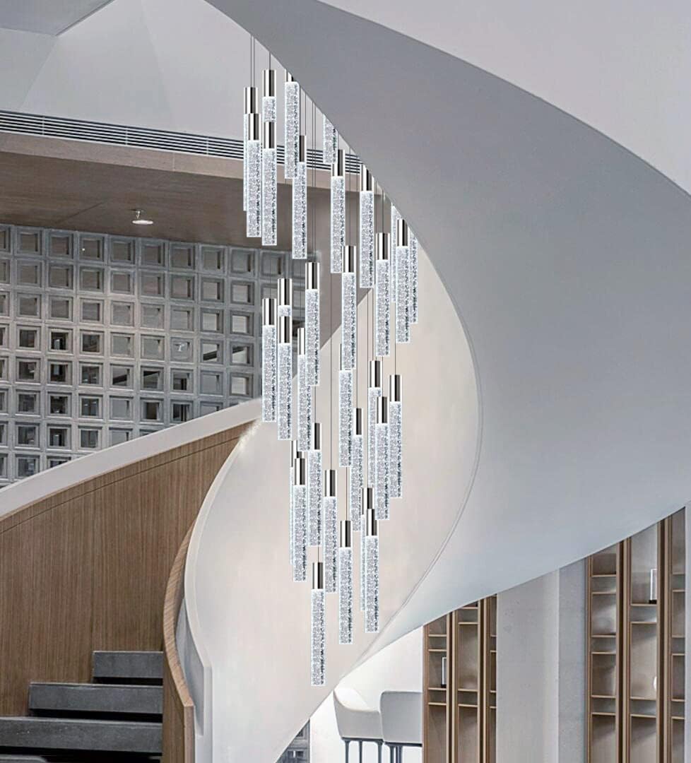H118 24-Lights High Ceiling Chandelier Silver Chrome Light Modern Dimmable Light Fixtures Foyer Chandelier Light Pendant Lighting Ceiling Crytstal