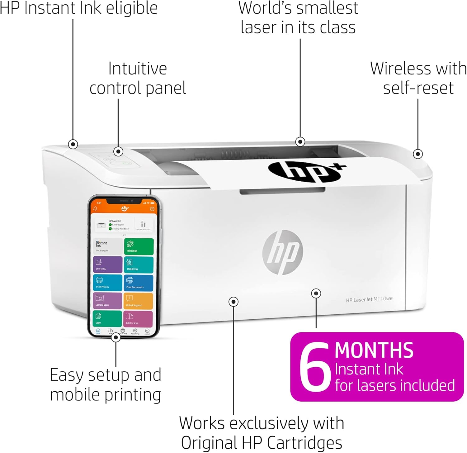 HP LaserJet M110we Wireless Black and White Printer with HP+ and Bonus 6 Months Instant Ink (7MD66E)