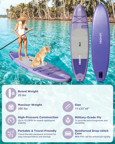 Highpi Inflatable Stand Up Paddle Board Premium SUP Accessories, Backpack, Wide Stance, Surf Control, Non-Slip Deck, Leash, Paddle and Pump