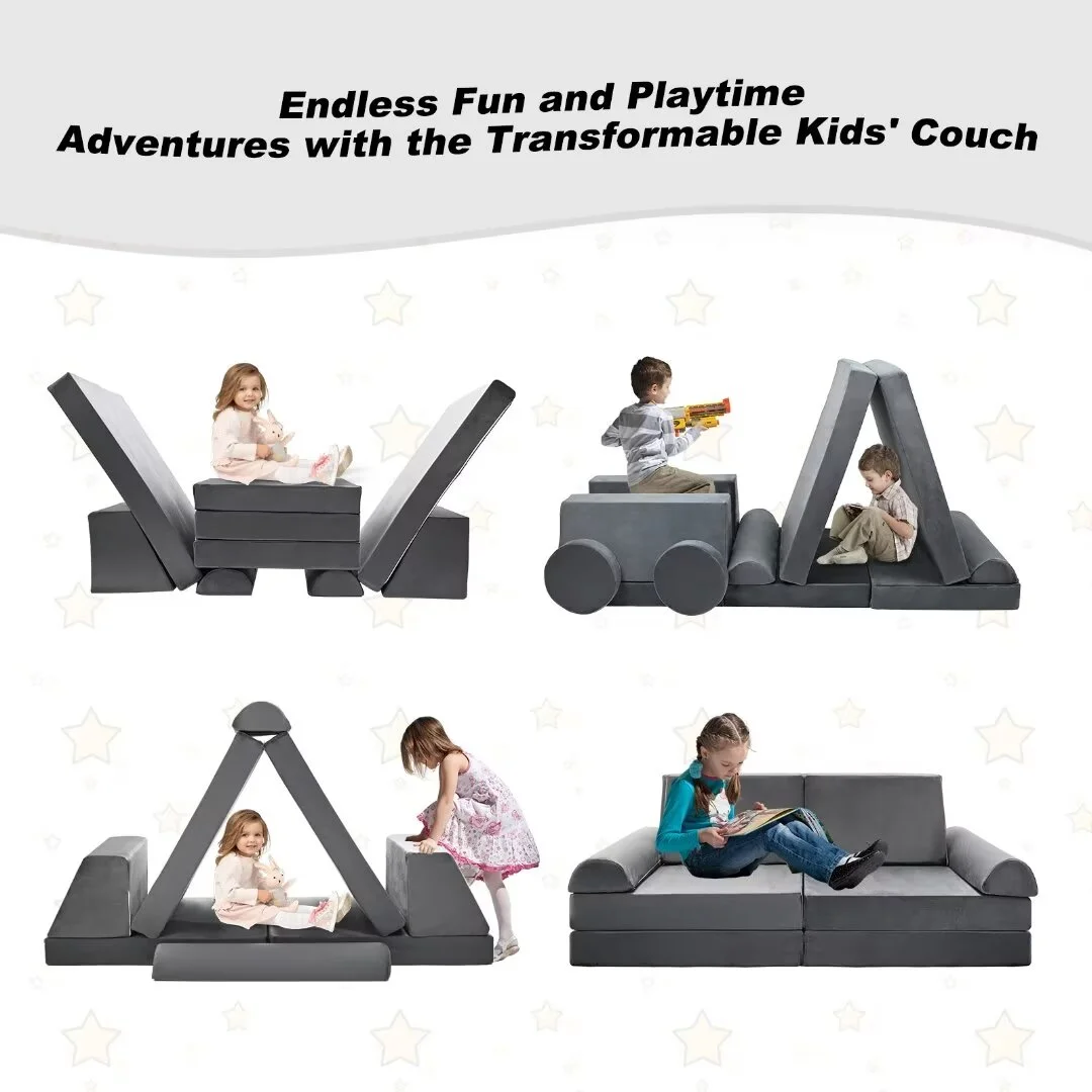 Docred Play Couch for Kids Imaginative Furniture, 10pcs Modular Sectional Kids Couch for Toddlers,Gray