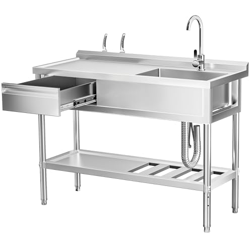 47" 304 Stainless Steel Utility Sink, Free-Standing Commercial Sink with Workbench, Drawer Storage & Hot/Cold Water Pipes for Laundry