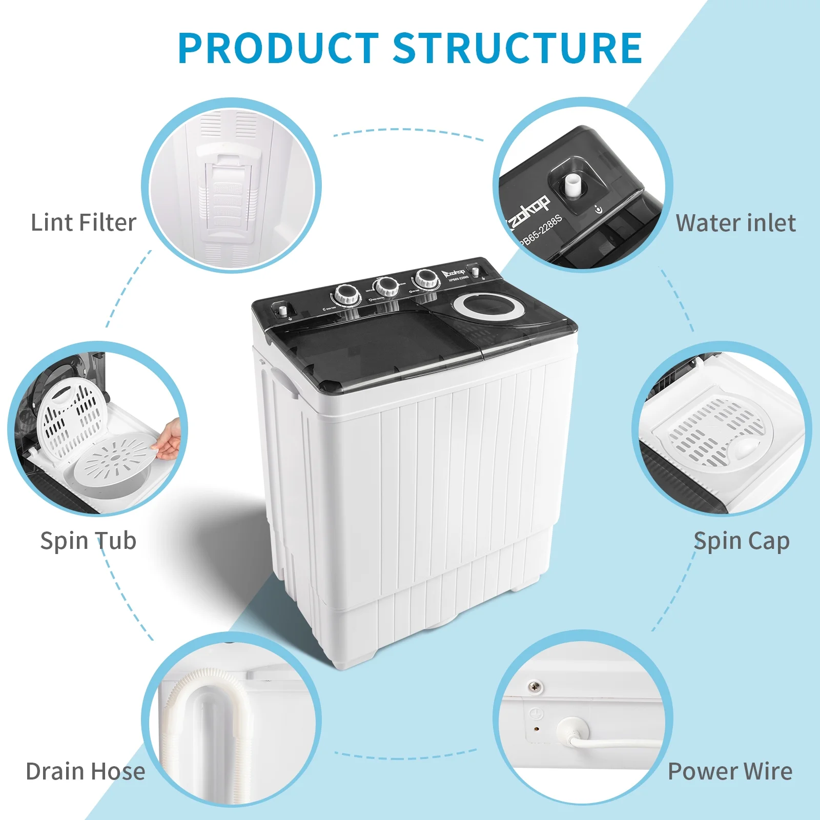 Twin Tub with Built-in Drain Pump XPB65-2288S 26Lbs Semi-automatic Twin Tube Washing Machine for Apartment, Dorms, RVs, Camping and More