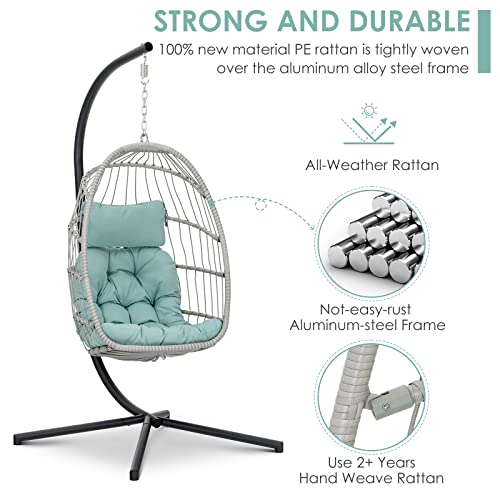 Brafab Hanging Egg Chair with Stand and Footrest, Wicker Egg Swing Chair Indoor Outdoor Aluminum-Steel Frame and UV Resistant Cushion