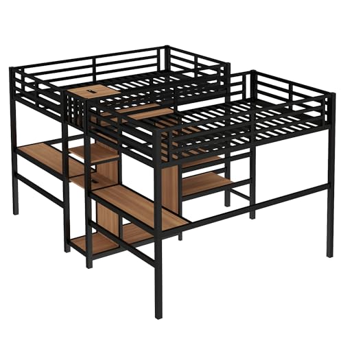 Bellamave Metal Loft Bed with Wardrobe and L-Shaped Desk, Full Size Loft Bed with Storage Cubes and Shelves, Heavy Duty LoftBed for Kids Teens Adults