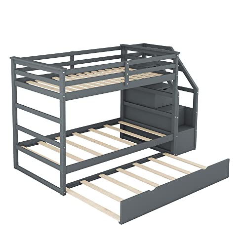 Harper & Bright Designs Twin Over Twin Bunk Bed with Trundle, Wood Bunk Bed with Storage Stairs for Kids Teens Adults (Walnut)