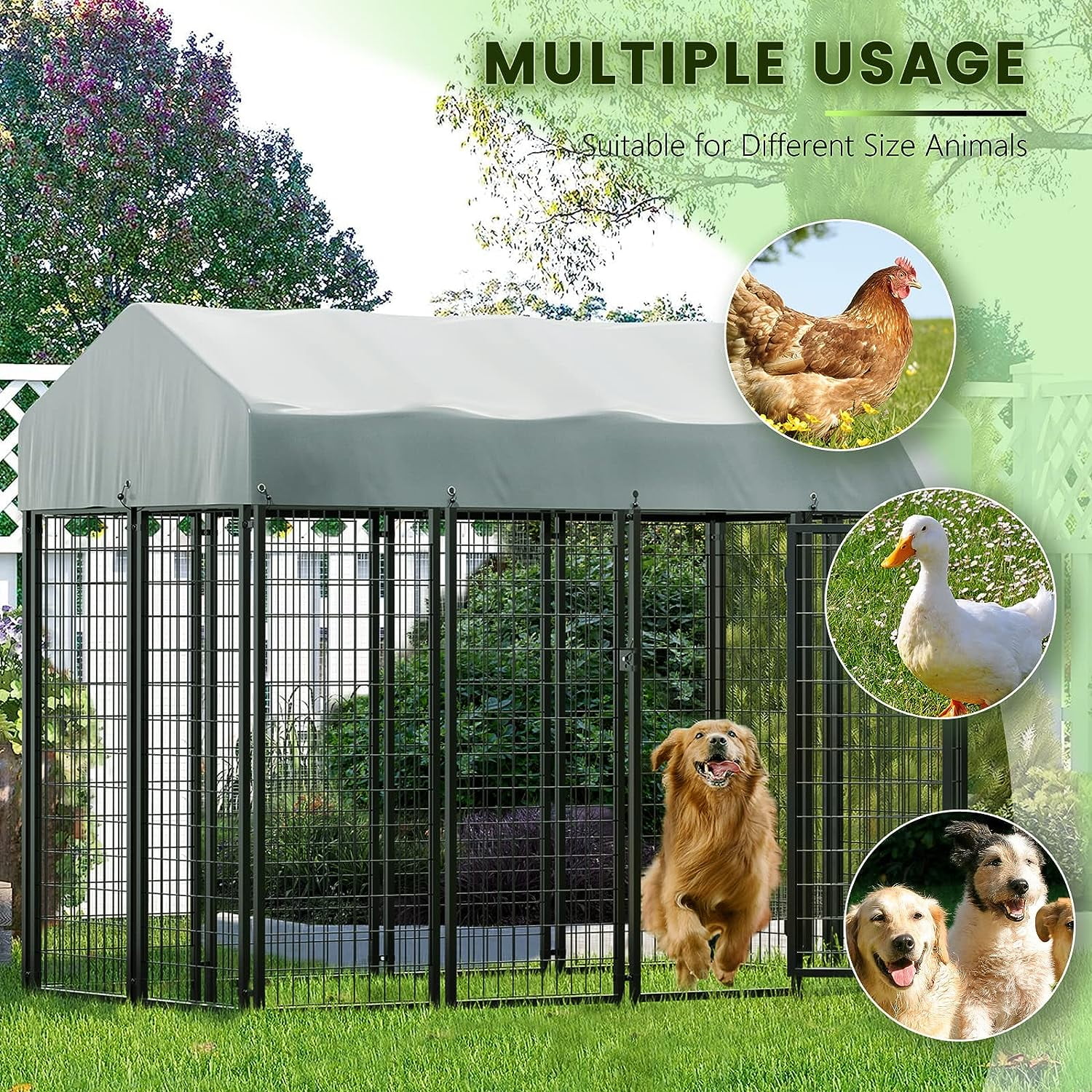 PUKAMI 8x4x6ft Large Outdoor Dog Kennel,Heavy Duty Welded Wire Dog Run,Dog Playpen Fence with UV-Resistant Waterproof Roof,Dog Enclosure for Outside
