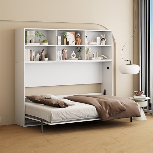 Full Size Murphy Bed Cabinet with Shelf and Drawers, Plywood Hidden Beds,Wall Bedframe for Bedroom,Space-Saving, Noise Free, White